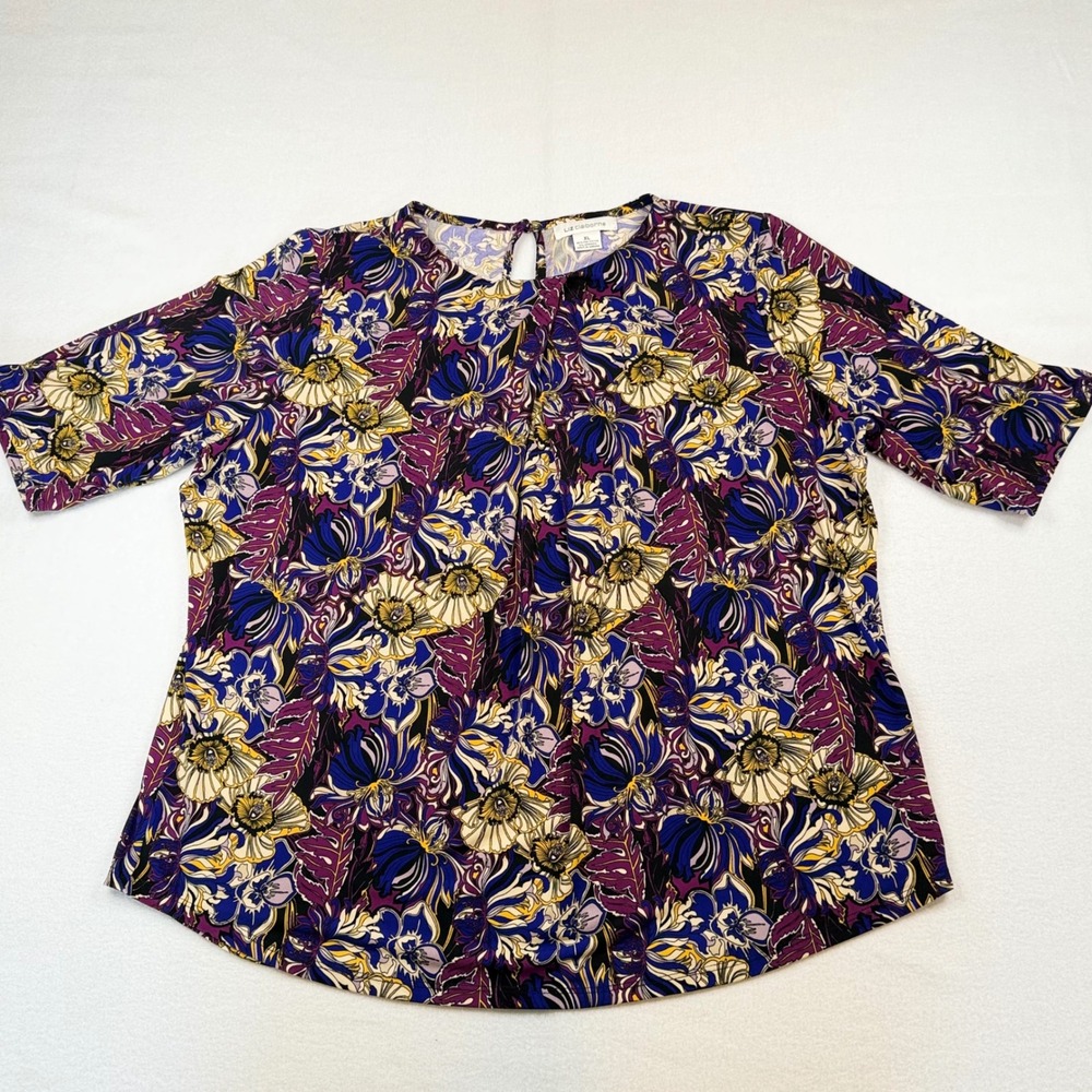 Liz Claiborne Womens XL Floral Blouse Purple Blue Short Sleeve Keyhole Top